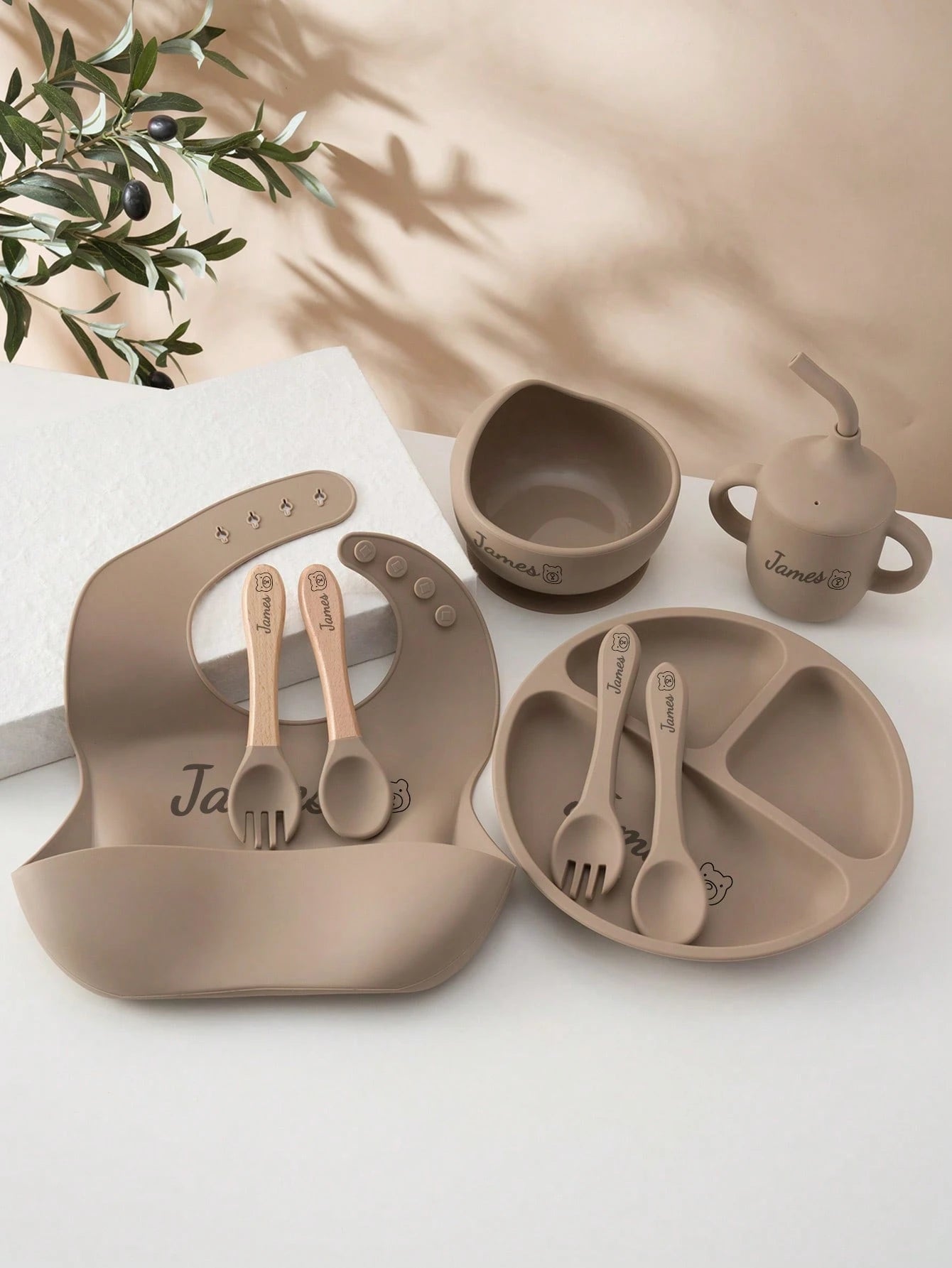 8PCS Custom Name Pattern Baby Silicone Set Sucker Bowl Plate Leakproof Baby Cup Baby Bib Soft Spoons Forks, Mother's, Baby Shower Gift