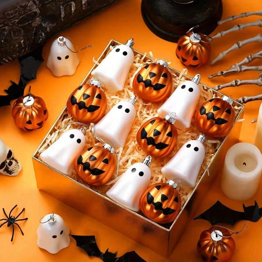 8pcs Halloween Hanging Ornaments Cute Silver Ghost And Golden Pumpkin Decoration Mini Plastic Halloween Tree Decorations For Home Holiday Party Decor (Includes Jute Rope)