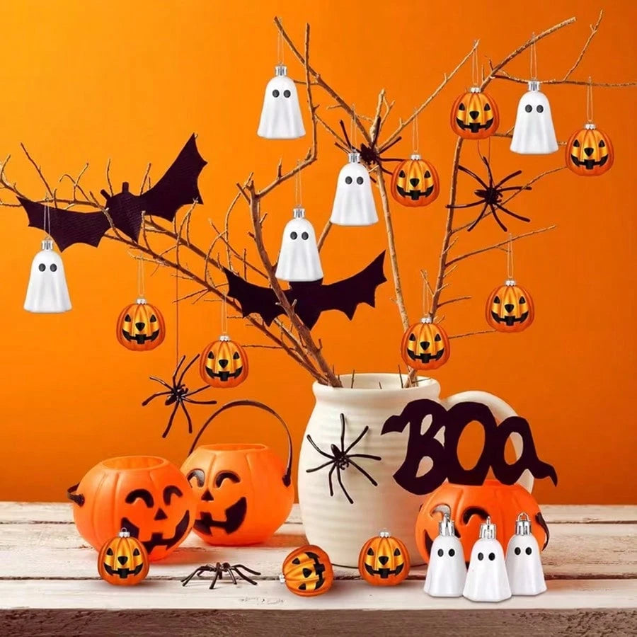 8pcs Halloween Hanging Ornaments Cute Silver Ghost And Golden Pumpkin Decoration Mini Plastic Halloween Tree Decorations For Home Holiday Party Decor (Includes Jute Rope)