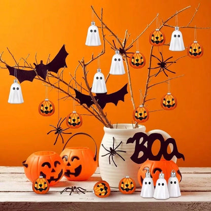 8pcs Halloween Hanging Ornaments Cute Silver Ghost And Golden Pumpkin Decoration Mini Plastic Halloween Tree Decorations For Home Holiday Party Decor (Includes Jute Rope)