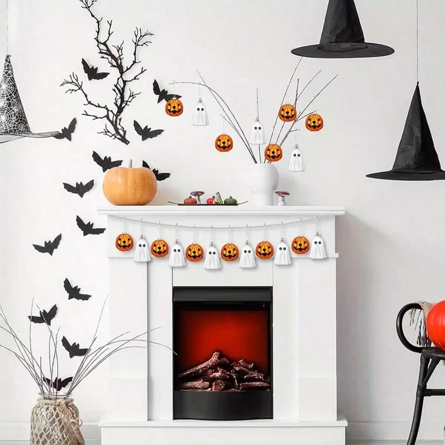 8pcs Halloween Hanging Ornaments Cute Silver Ghost And Golden Pumpkin Decoration Mini Plastic Halloween Tree Decorations For Home Holiday Party Decor (Includes Jute Rope)