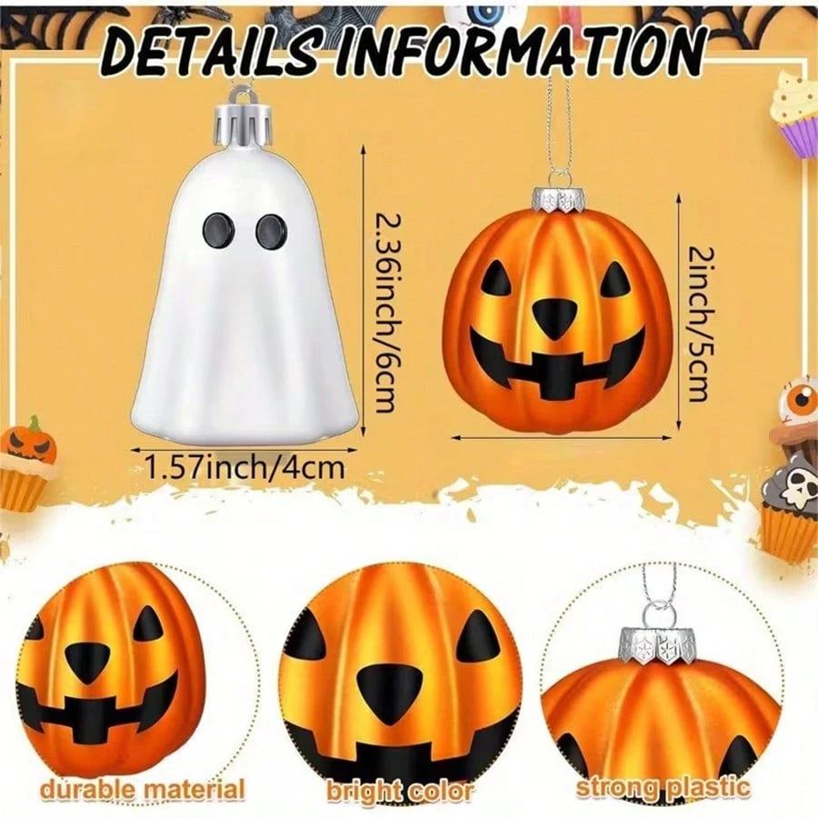 8pcs Halloween Hanging Ornaments Cute Silver Ghost And Golden Pumpkin Decoration Mini Plastic Halloween Tree Decorations For Home Holiday Party Decor (Includes Jute Rope)