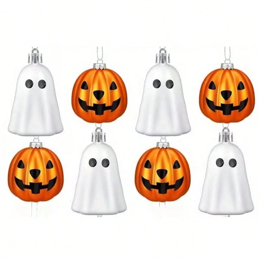 8pcs Halloween Hanging Ornaments Cute Silver Ghost And Golden Pumpkin Decoration Mini Plastic Halloween Tree Decorations For Home Holiday Party Decor (Includes Jute Rope)