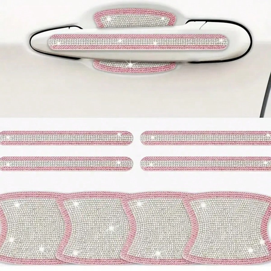 8pcs Shiny Rhinestone Car Door Handle And Bowl Protective Stickers, Anti-Scratch Decals, Multi-Color All-Season Universal Women's Car Accessories