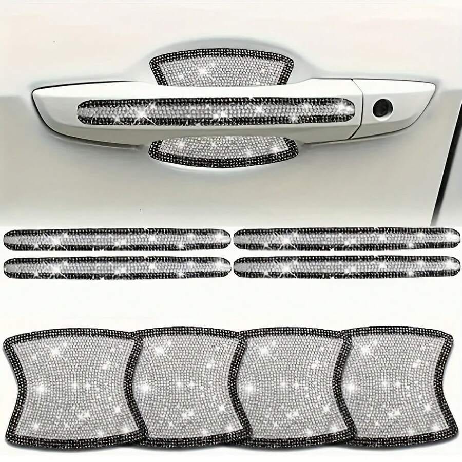 8pcs Shiny Rhinestone Car Door Handle And Bowl Protective Stickers, Anti-Scratch Decals, Multi-Color All-Season Universal Women's Car Accessories