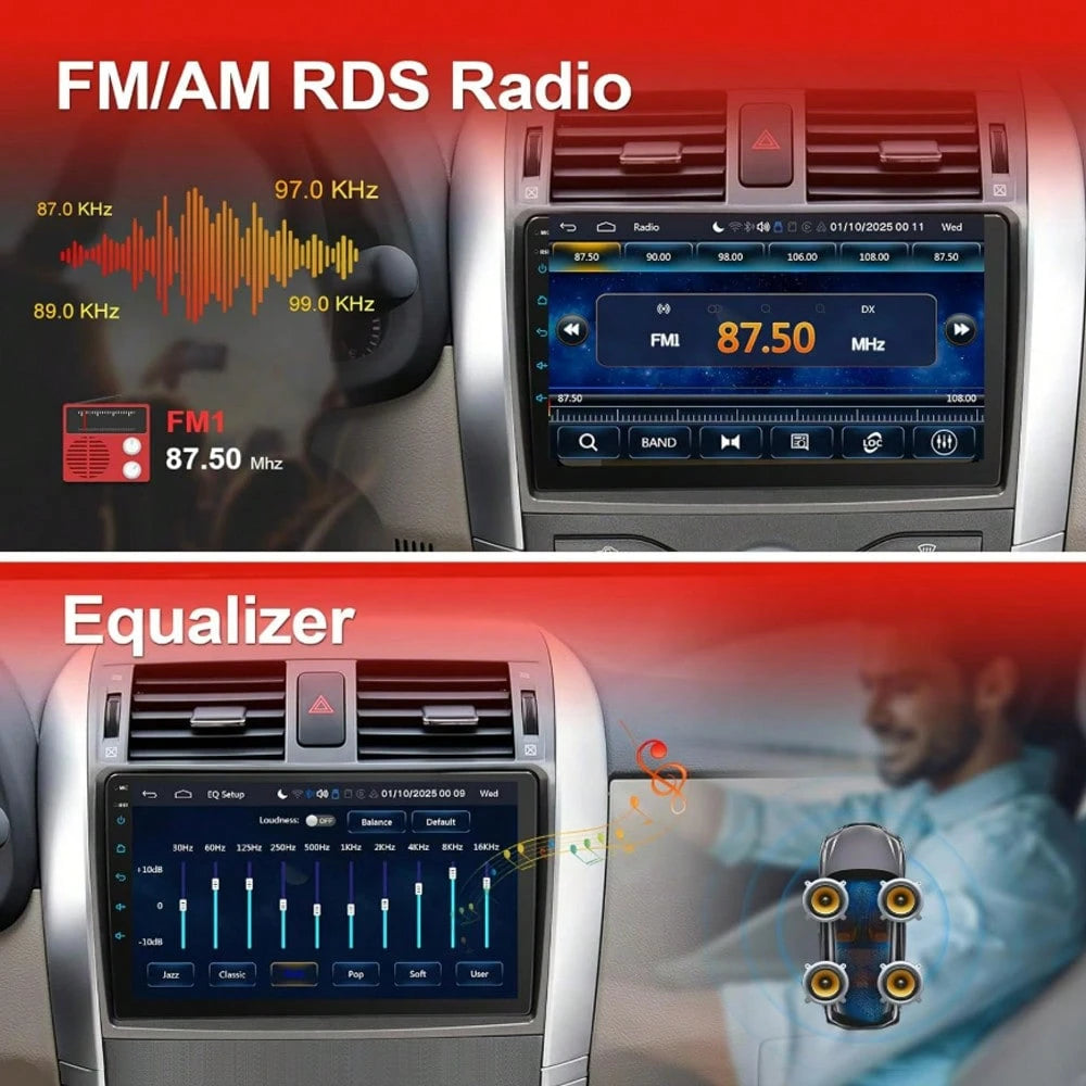 9'' HD Touch Screen An/Dr/Oid 13 Car Radio 2GB+32GB Built-In EQ-32 Wireless Apple CarPlay Android Auto GPS Bluetooth 5.0 FM R/DS Multimedia Stereo Fit To/Yo/Ta Corolla 2009-2013