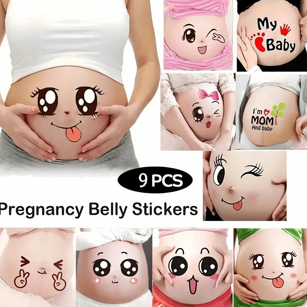 9pcs Pregnancy Belly Stickers, Funny Facial Expression Maternity Stickers, Cute Pregnant Woman Gift Belly Stickers, Baby Bath Household Decor, Easter Gift For Girls/Boys
