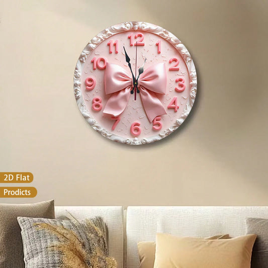 A 12-Inch 2D Flat Silent Wall Clock With A Pink Bow Pattern-Have For Girls! Suitable For Halloween Decor,Office Decor,Fall Home Decor,Christmas Decora