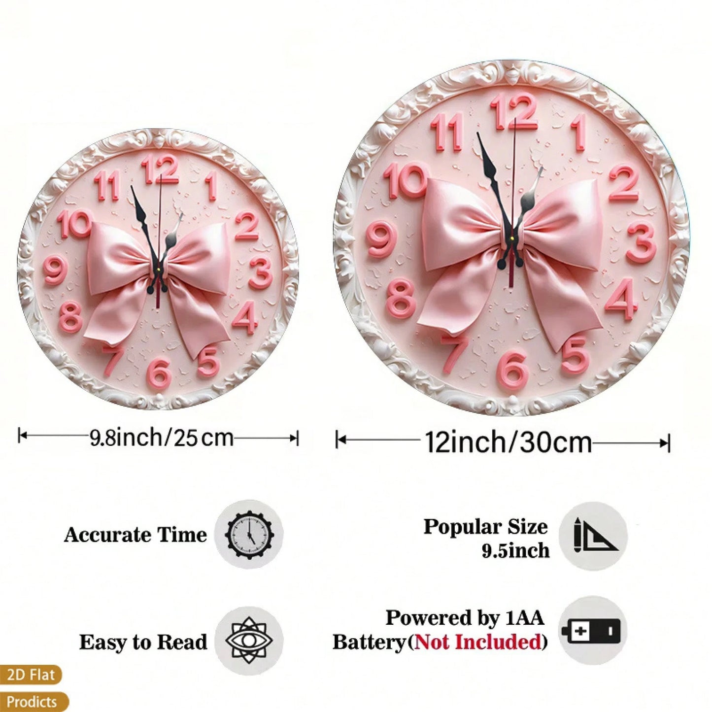 A 12-Inch 2D Flat Silent Wall Clock With A Pink Bow Pattern-Have For Girls! Suitable For Halloween Decor,Office Decor,Fall Home Decor,Christmas Decora