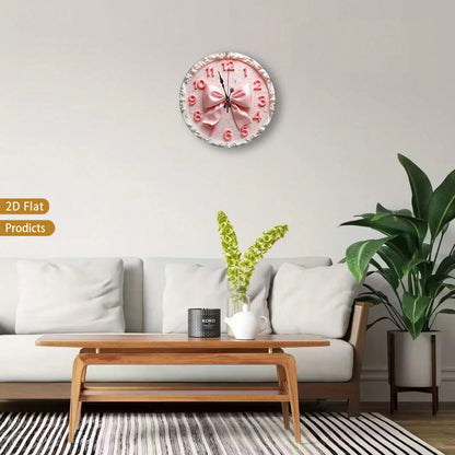 A 12-Inch 2D Flat Silent Wall Clock With A Pink Bow Pattern-Have For Girls! Suitable For Halloween Decor,Office Decor,Fall Home Decor,Christmas Decora