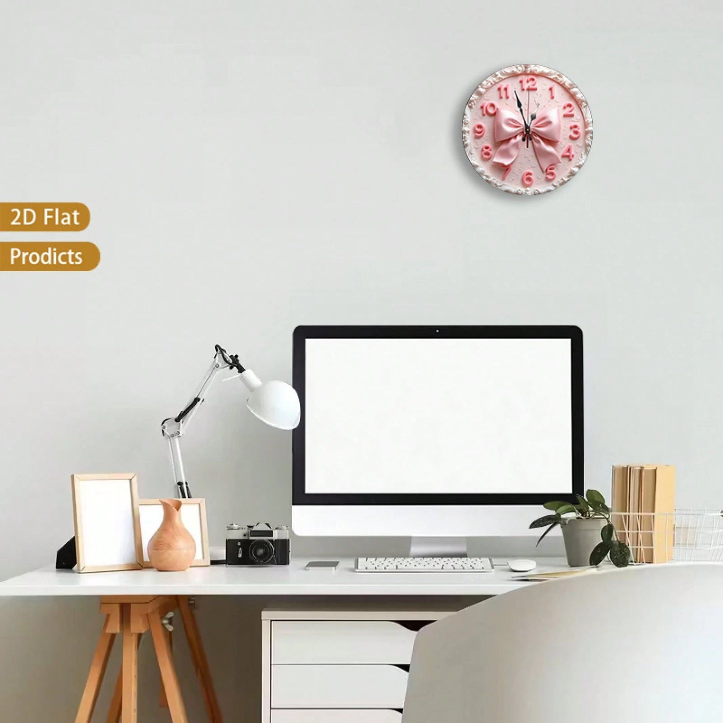 A 12-Inch 2D Flat Silent Wall Clock With A Pink Bow Pattern-Have For Girls! Suitable For Halloween Decor,Office Decor,Fall Home Decor,Christmas Decora