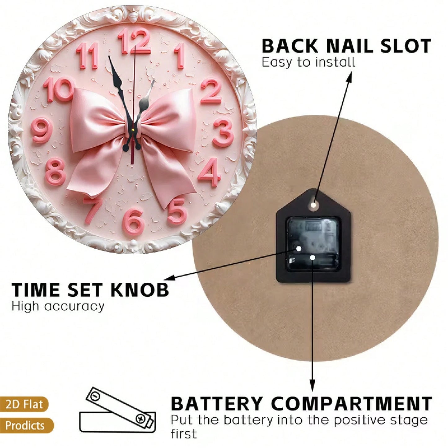 A 12-Inch 2D Flat Silent Wall Clock With A Pink Bow Pattern-Have For Girls! Suitable For Halloween Decor,Office Decor,Fall Home Decor,Christmas Decora