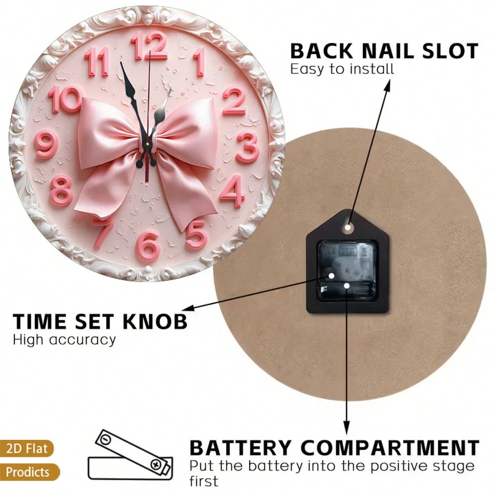 A 12-Inch 2D Flat Silent Wall Clock With A Pink Bow Pattern-Have For Girls! Suitable For Halloween Decor,Office Decor,Fall Home Decor,Christmas Decora