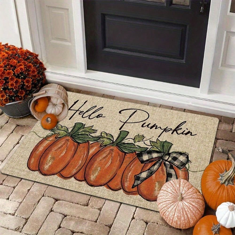 A Pumpkin-Themed Outdoor Doormat Made Of Flannel Material, Featuring A Thick Sponge With A Density Of 1.28 LB Per Square Meter And A Thickness Of 0.4 Inches. This Autumn Decorative Mat Is Perfect For