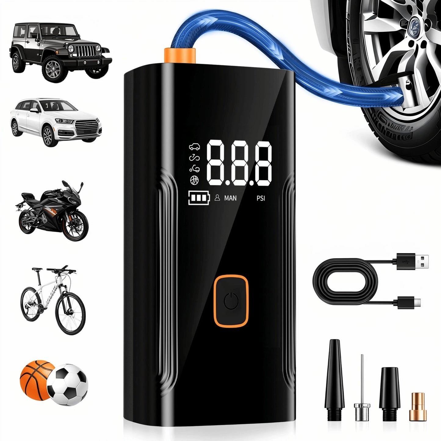 A Tire Inflator Portable Air Compressor For Cars & Bicycles| Cordless Rechargeable Air Pump, Digital Pressure Gauge, Bright LED Light & Auto Shut-Off, Portable Tire Pump For Motorcycle And All Tires