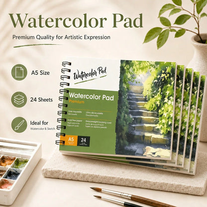 A5 Watercolor Pad 24 Sheets| No Paper Shavings Thick Paper| Spiral Bound Watercolor Sketchbook| Back To School Art Supplies