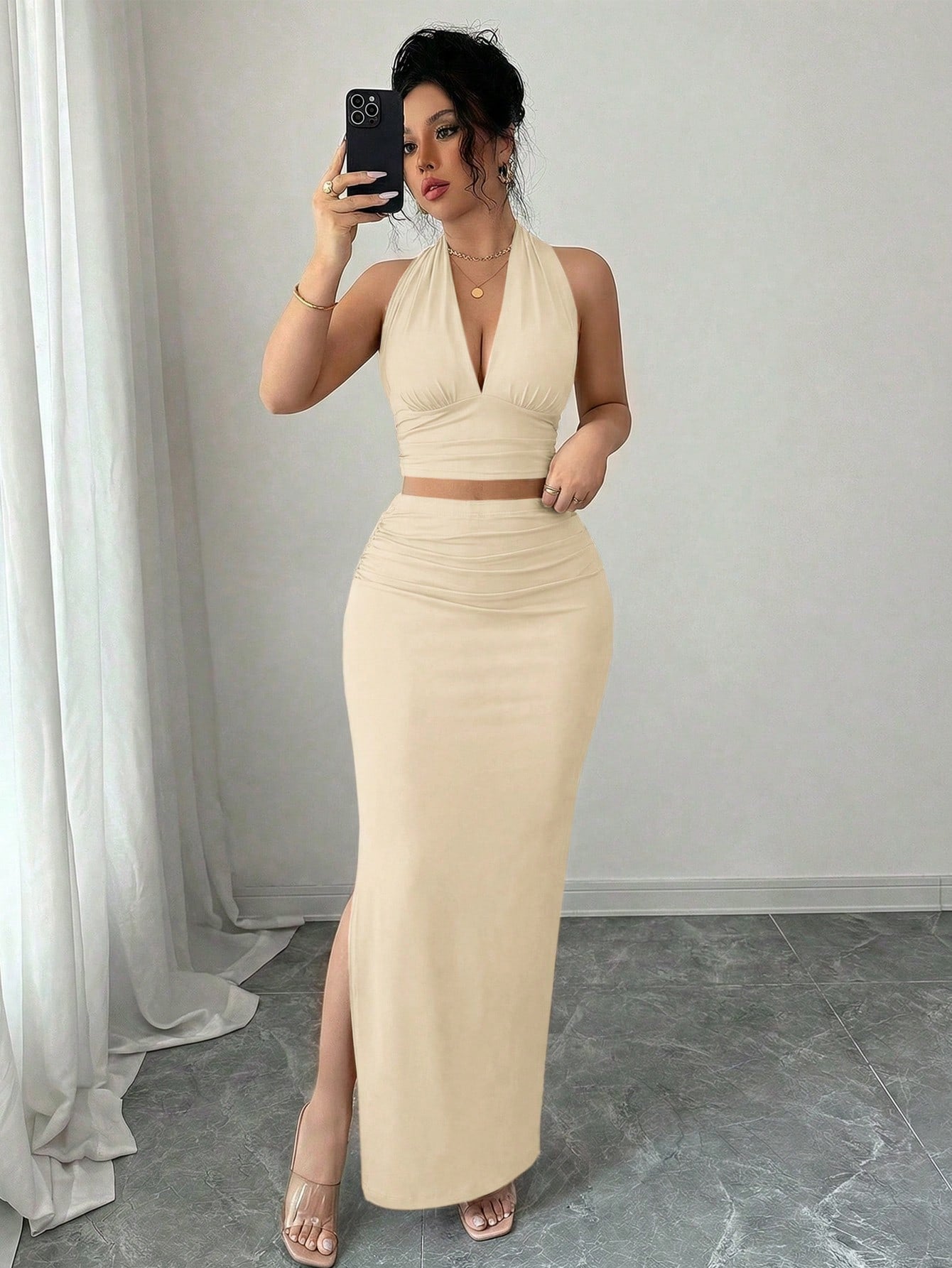 abyoxi Women's Apricot Deep V-Neck Backless Tie-Up Cropped Tank Top And Slim Fit Pleated Side Slit Maxi Skirt, Fashionable 2-Piece Set Summer Elegant
