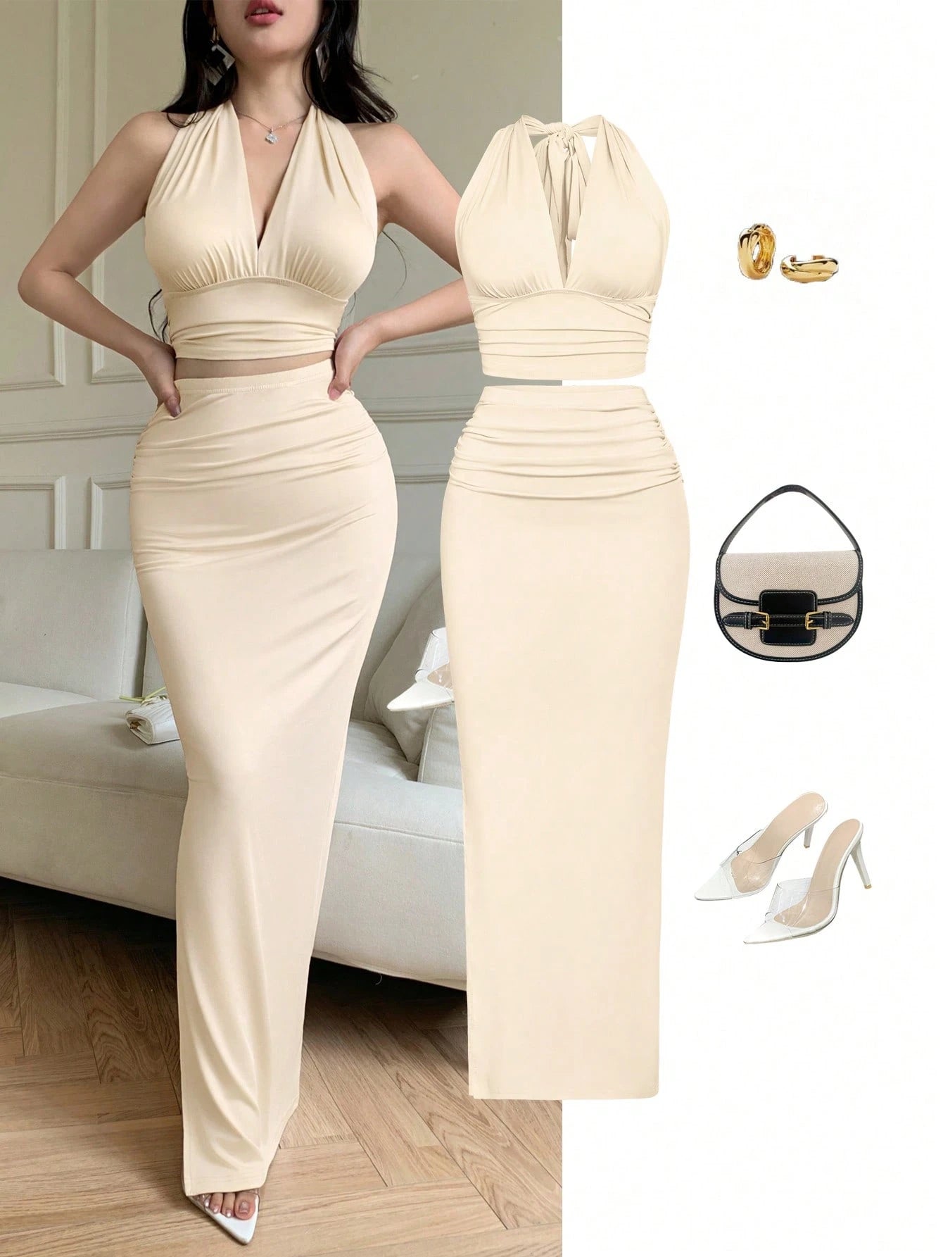 abyoxi Women's Apricot Deep V-Neck Backless Tie-Up Cropped Tank Top And Slim Fit Pleated Side Slit Maxi Skirt, Fashionable 2-Piece Set Summer Elegant