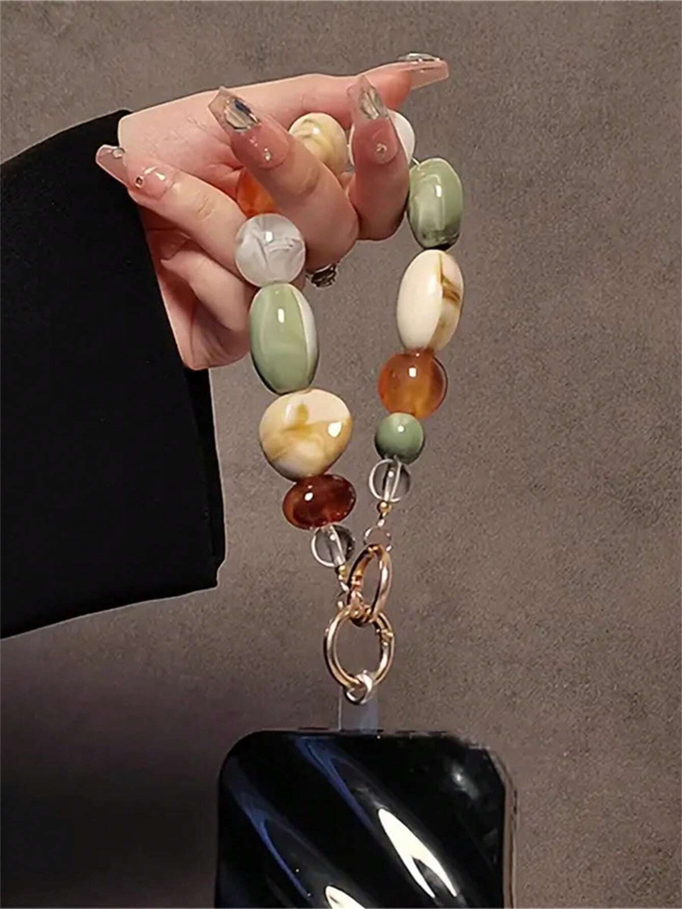 Acrylic Beaded Phone Charm Lanyard, Oval Alien Design Retro Korean Fashion Phone Strap, Keychain, Bag, Earphone Pendant Accessories