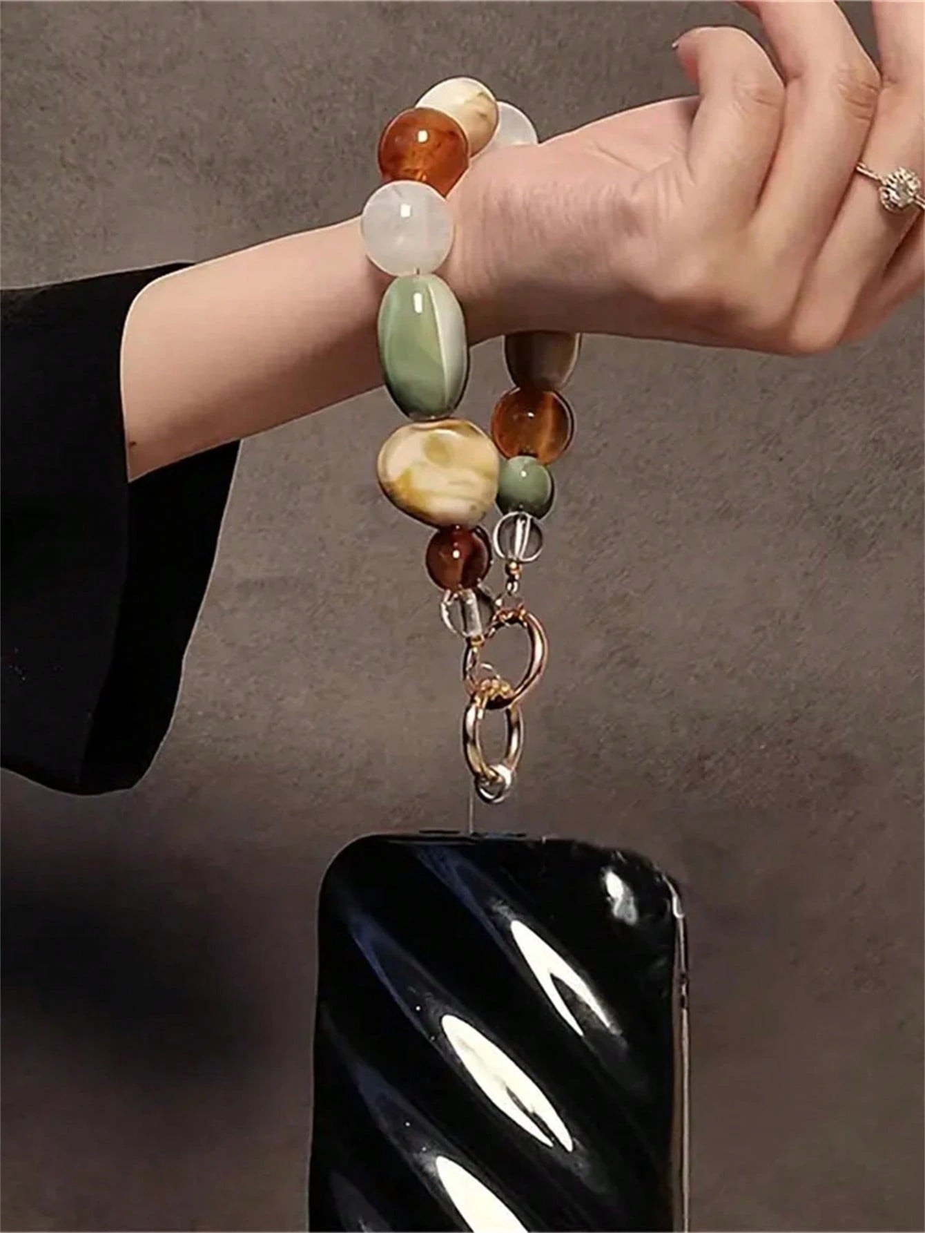 Acrylic Beaded Phone Charm Lanyard, Oval Alien Design Retro Korean Fashion Phone Strap, Keychain, Bag, Earphone Pendant Accessories