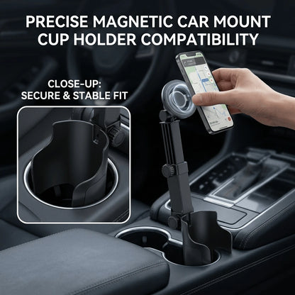 Adjustable Magnetic Cup Holder Phone Mount – MagSafe Compatible, Extendable Base, Long Arm Telescopic Car Mount, Includes Metal Ring, Compatible With Apple And Android Smartphones