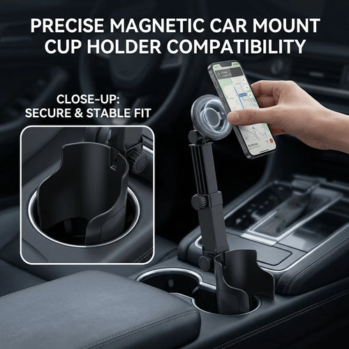 Adjustable Magnetic Cup Holder Phone Mount – MagSafe Compatible, Extendable Base, Long Arm Telescopic Car Mount, Includes Metal Ring, Compatible With Apple And Android Smartphones
