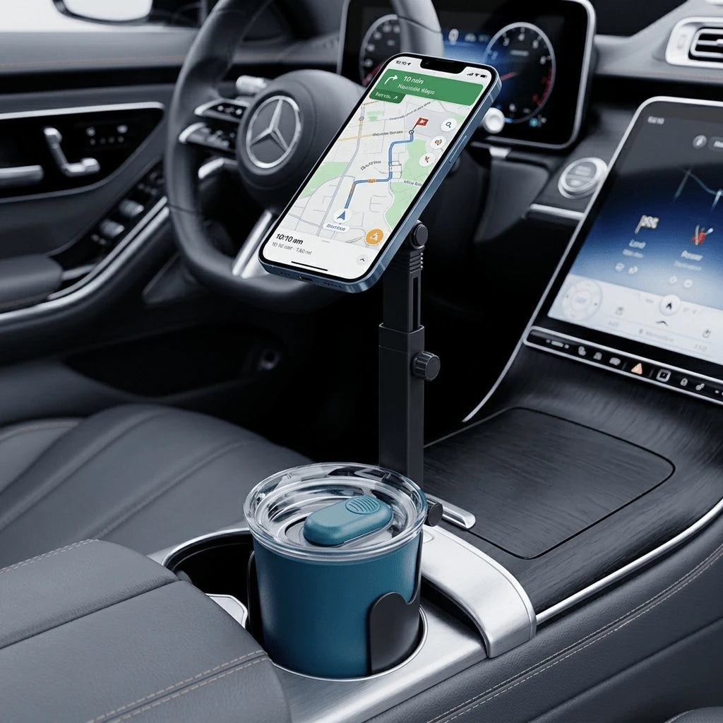 Adjustable Magnetic Cup Holder Phone Mount – MagSafe Compatible, Extendable Base, Long Arm Telescopic Car Mount, Includes Metal Ring, Compatible With Apple And Android Smartphones