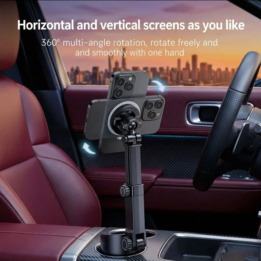 Adjustable Magnetic Cup Holder Phone Mount – MagSafe Compatible, Extendable Base, Long Arm Telescopic Car Mount, Includes Metal Ring, Compatible With Apple And Android Smartphones