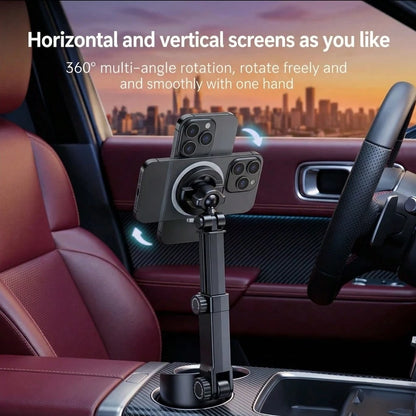 Adjustable Magnetic Cup Holder Phone Mount – MagSafe Compatible, Extendable Base, Long Arm Telescopic Car Mount, Includes Metal Ring, Compatible With Apple And Android Smartphones