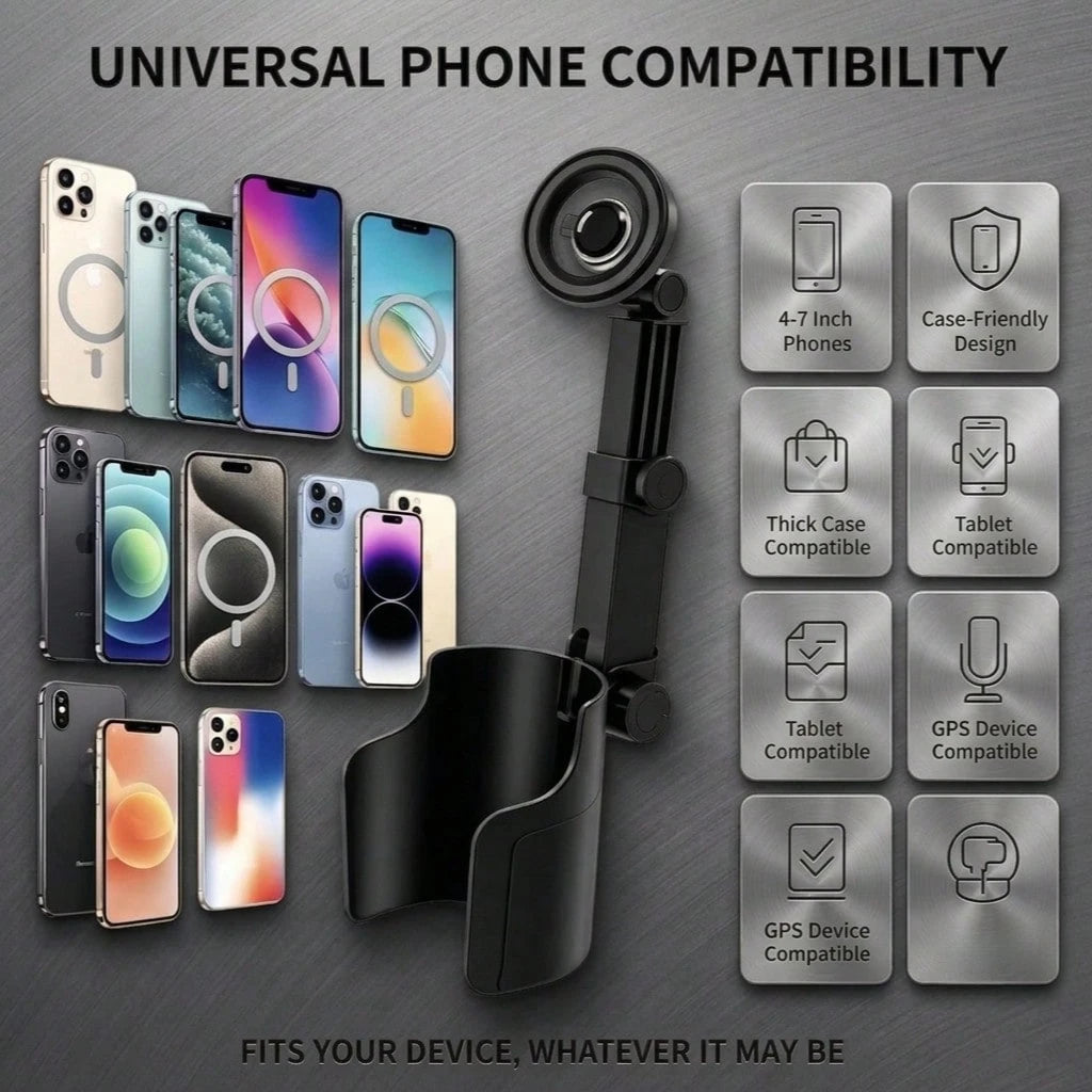 Adjustable Magnetic Cup Holder Phone Mount – MagSafe Compatible, Extendable Base, Long Arm Telescopic Car Mount, Includes Metal Ring, Compatible With Apple And Android Smartphones