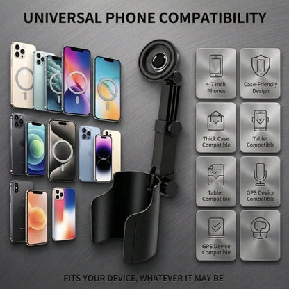 Adjustable Magnetic Cup Holder Phone Mount – MagSafe Compatible, Extendable Base, Long Arm Telescopic Car Mount, Includes Metal Ring, Compatible With Apple And Android Smartphones