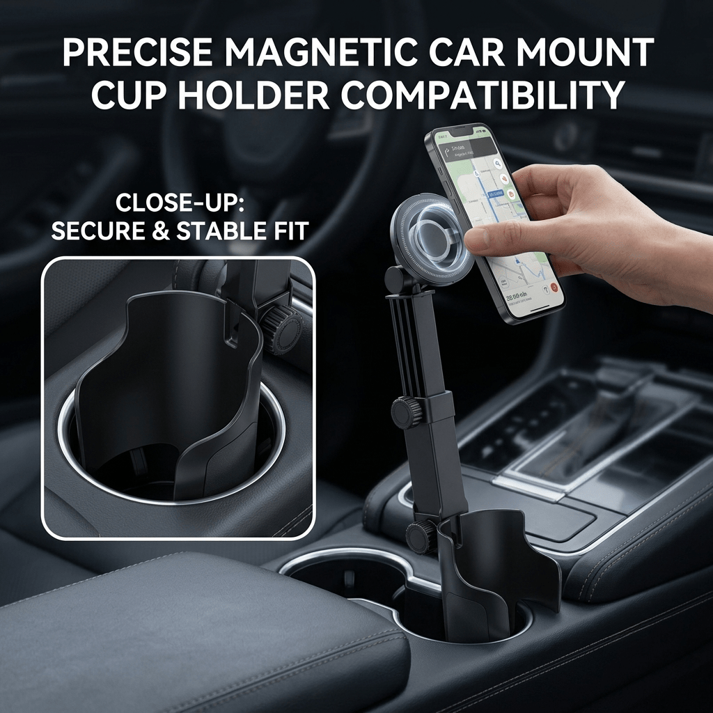 Adjustable Magnetic Cup Holder Phone Mount – MagSafe Compatible, Extendable Base, Long Arm Telescopic Car Mount, Includes Metal Ring, Compatible With Apple And Android Smartphones