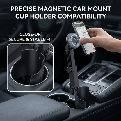 Adjustable Magnetic Cup Holder Phone Mount – MagSafe Compatible, Extendable Base, Long Arm Telescopic Car Mount, Includes Metal Ring, Compatible With Apple And Android Smartphones