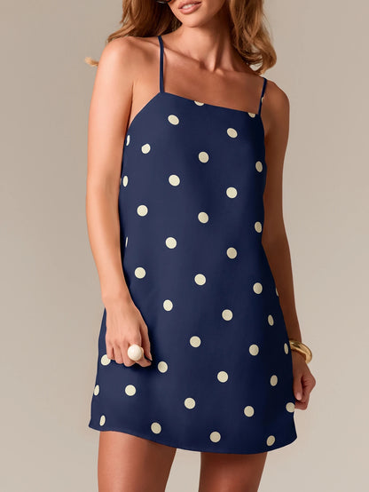 AiiRZ Polka Dot Linen Feel Mini Slip Dress With Square Neck Spaghetti Straps Criss Cross Open Back Summer Vacation