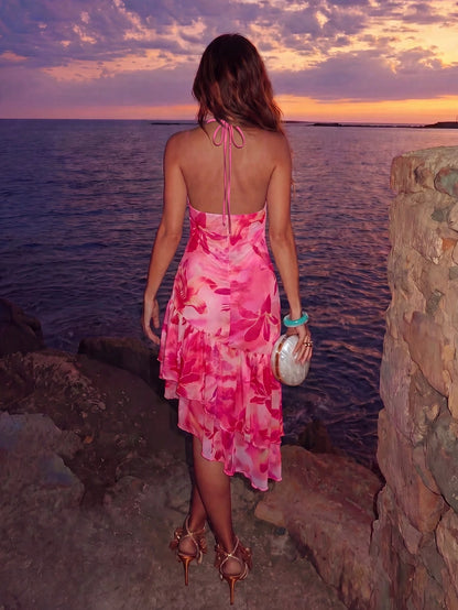 Allurite Asymmetric Hem Printed Halter Neck Dress, Women's Vacation Pink Dress