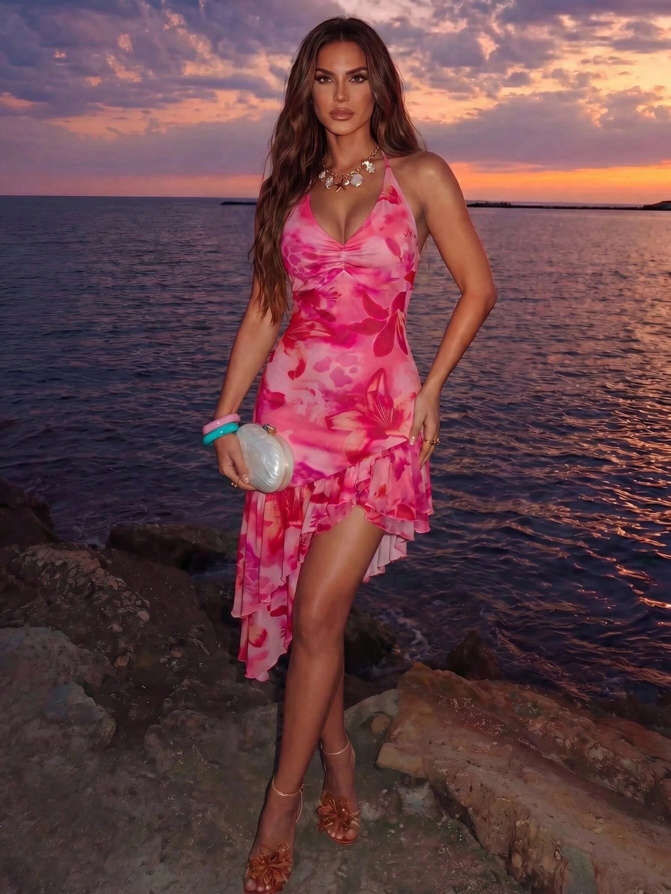 Allurite Asymmetric Hem Printed Halter Neck Dress, Women's Vacation Pink Dress