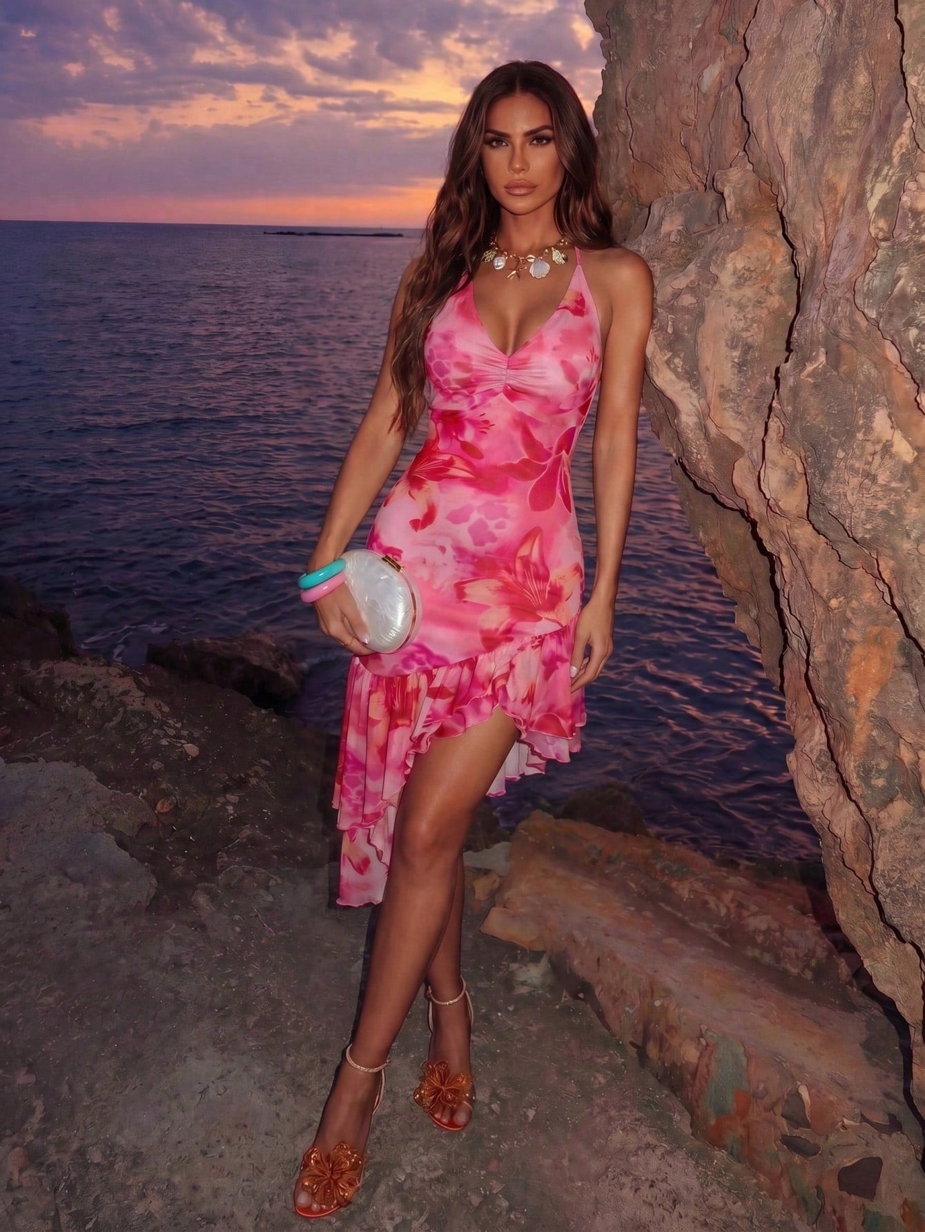 Allurite Asymmetric Hem Printed Halter Neck Dress, Women's Vacation Pink Dress