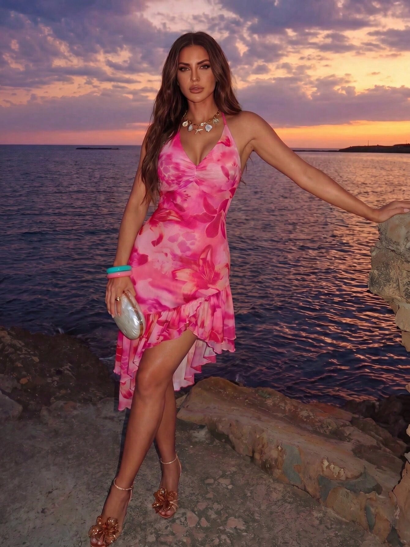 Allurite Asymmetric Hem Printed Halter Neck Dress, Women's Vacation Pink Dress