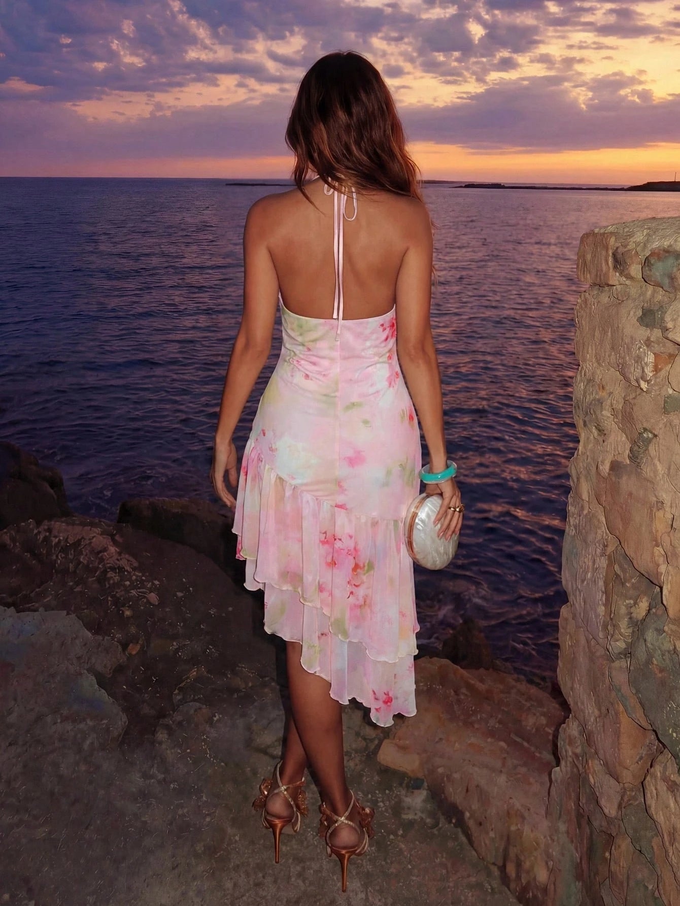 Allurite Asymmetric Hem Printed Halter Neck Dress, Women's Vacation Pink Dress