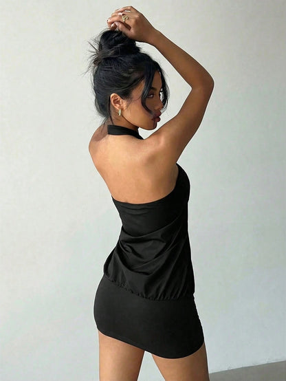Aloruh Halter Tie Metal Buckle Bodycon Mini Dress For Women Party Night Black Summer Sexy