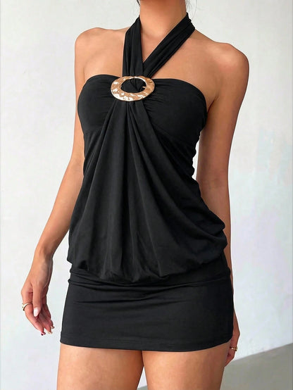 Aloruh Halter Tie Metal Buckle Bodycon Mini Dress For Women Party Night Black Summer Sexy