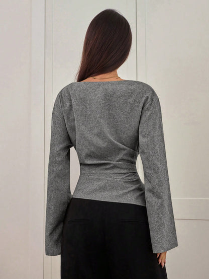 Aloruh Women's Autumn/Winter New Stylish Commuter Waist Ruched Asymmetric Hem Long Flare Sleeve V-Neck Pullover Blouse