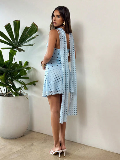 Aloruh Women's Elegant Blue Polka Dot Summer Dress, Retro Date Party Outfits,Wedding Guest Dresses For Women,Greece Vacation Spring Clothes