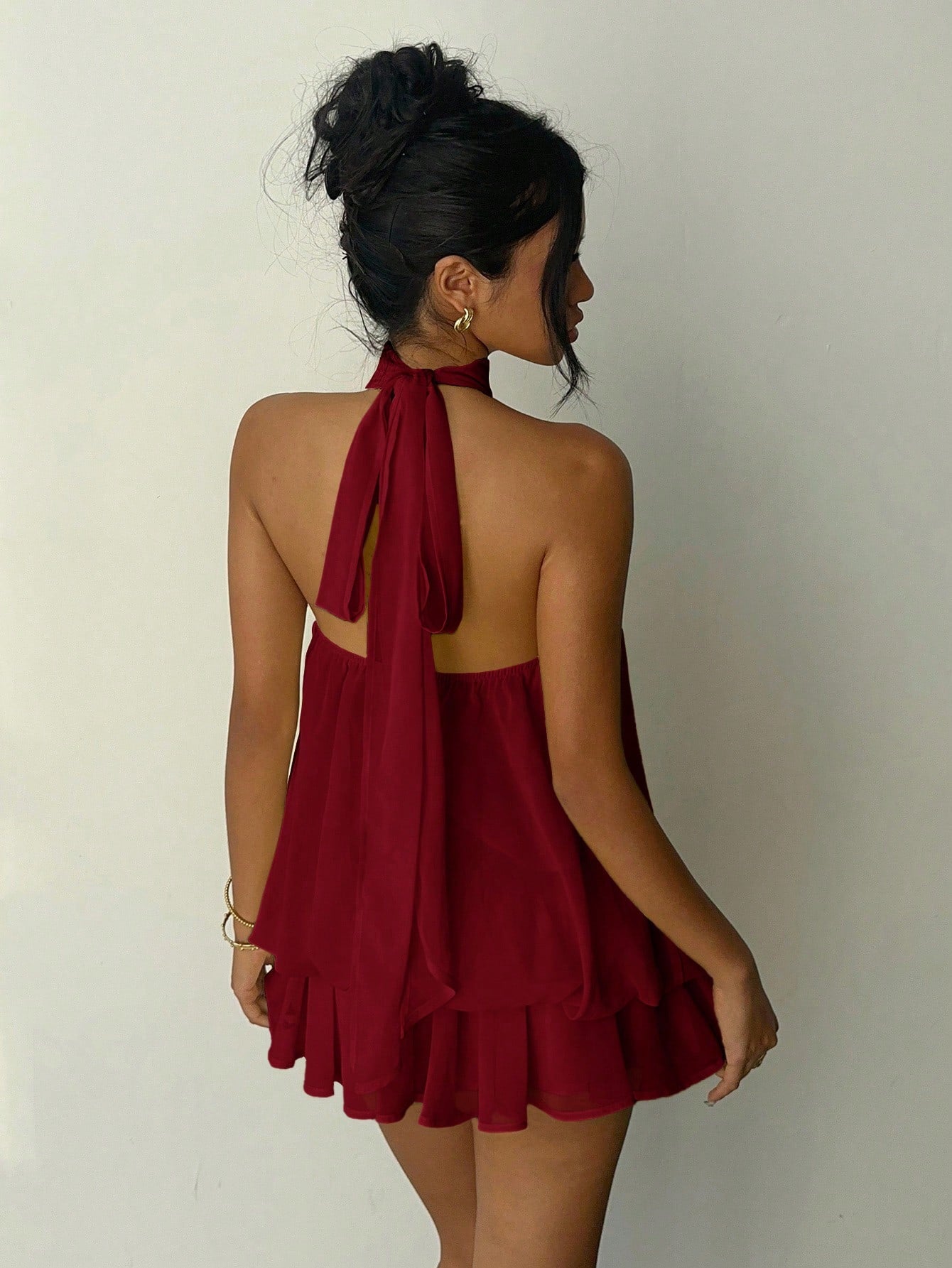 Aloruh Women's Elegant Light Yellow Halter Tie Mini Dress Red Beach Dress