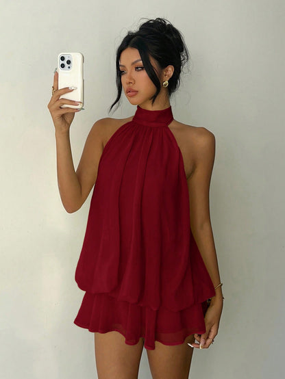 Aloruh Women's Elegant Light Yellow Halter Tie Mini Dress Red Beach Dress