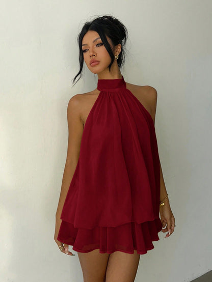 Aloruh Women's Elegant Light Yellow Halter Tie Mini Dress Red Beach Dress