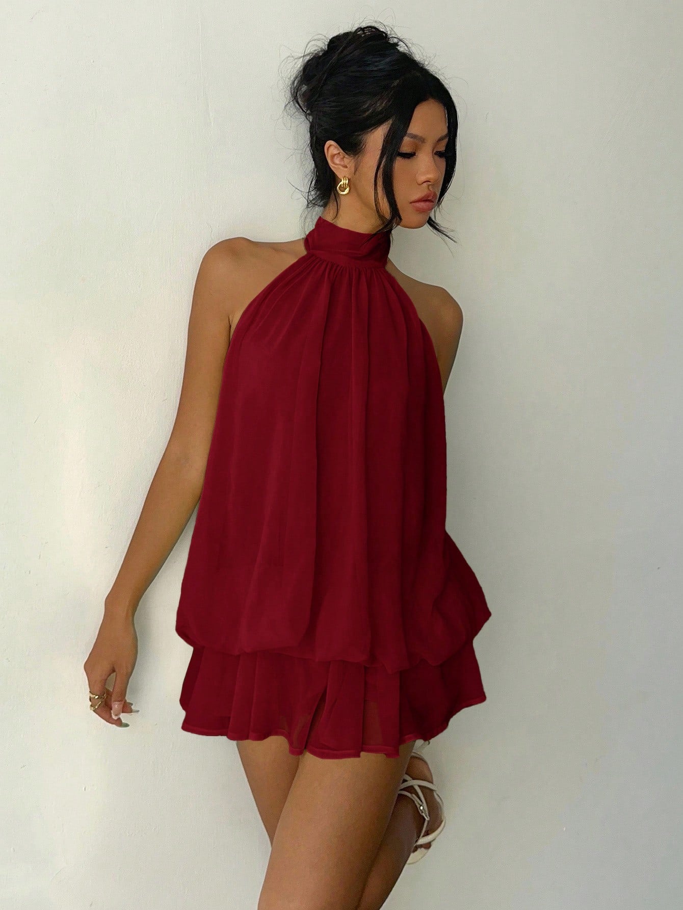 Aloruh Women's Elegant Light Yellow Halter Tie Mini Dress Red Beach Dress