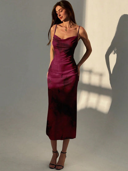 Aloruh Women's Elegant Sexy Burgundy Textured Full Print Dress Night Out Date Night Autumn
