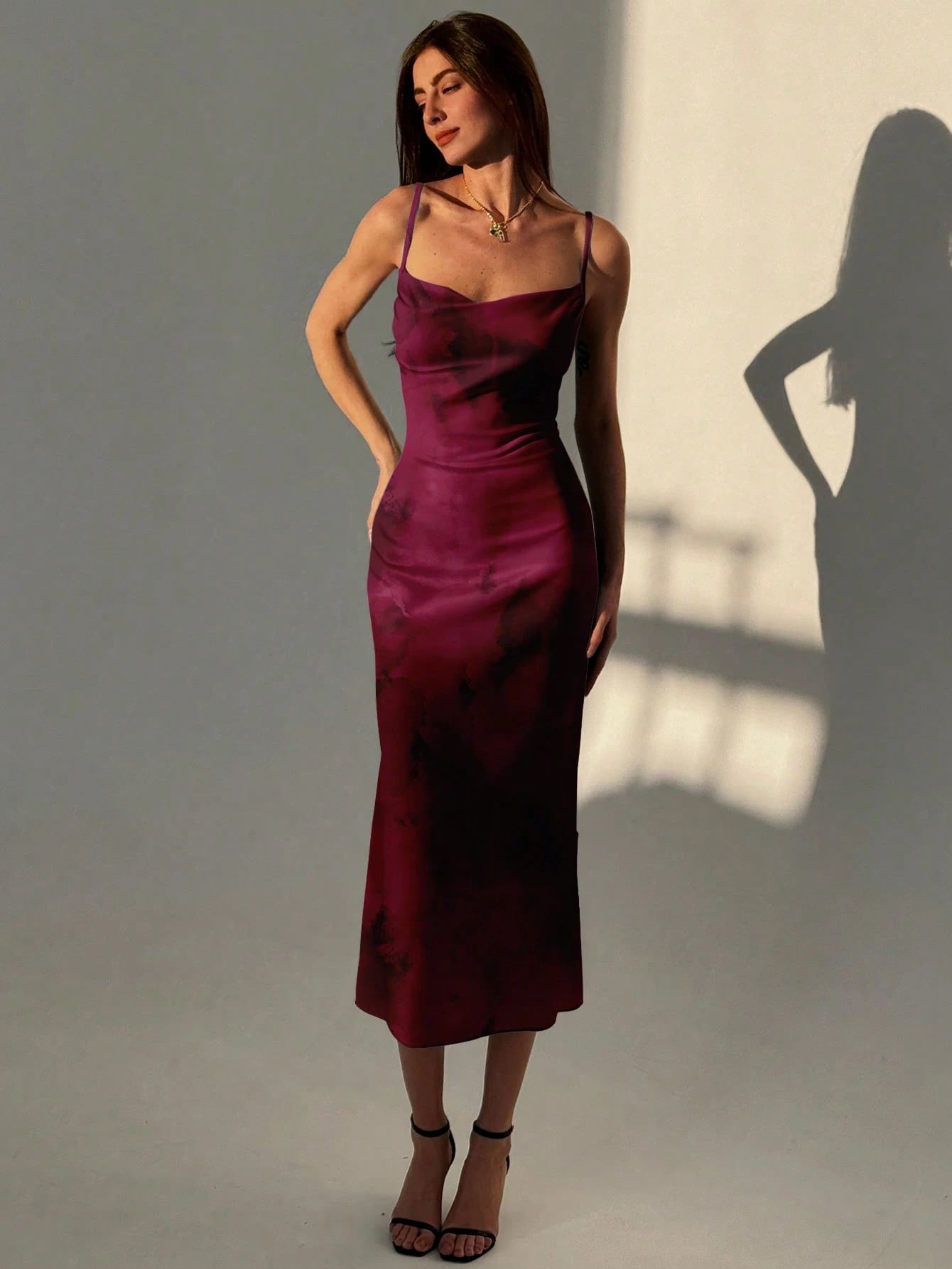 Aloruh Women's Elegant Sexy Burgundy Textured Full Print Dress Night Out Date Night Autumn