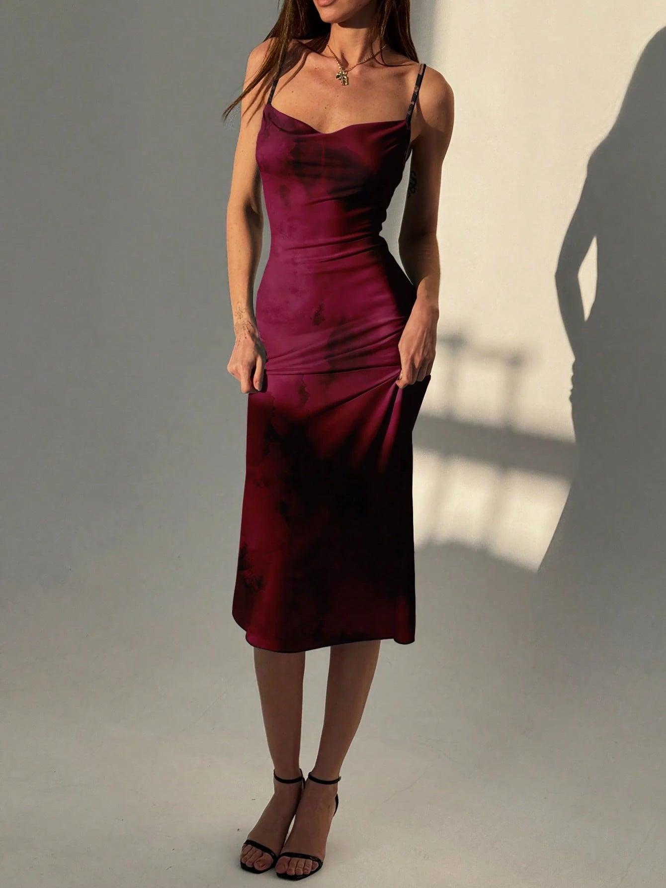 Aloruh Women's Elegant Sexy Burgundy Textured Full Print Dress Night Out Date Night Autumn